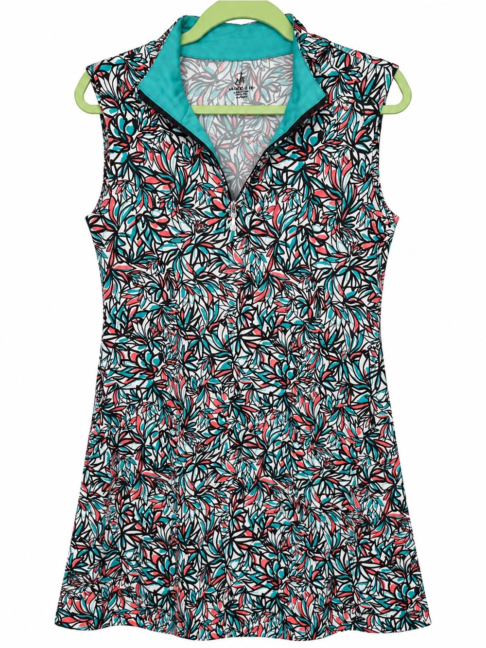 Emerald 18 Sleeveless Floral-Print Mini Dress in Teal, Coral & Black w/pockets